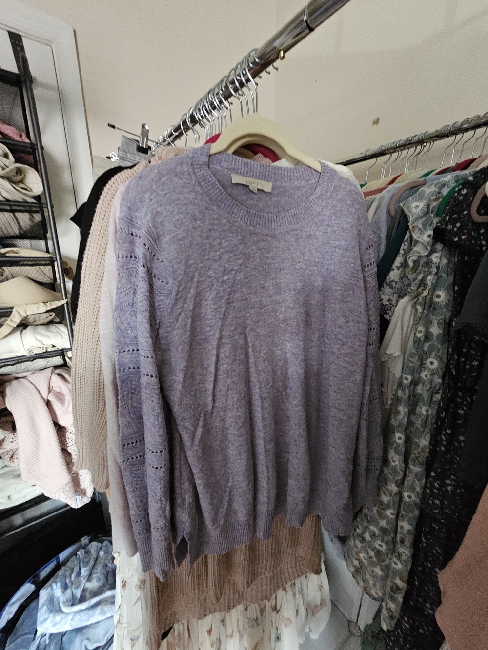 LOFT Lavender Crewneck Sweater with Eyelet Sleeve Detail